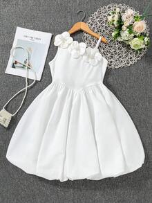 Tween Girls' Spaghetti Strap Dress,3D Floral Decor White Elegant Summer Vacation Holiday Birthday Party Fitted Ribbed Top Gentle Style Outfit - White - View 9