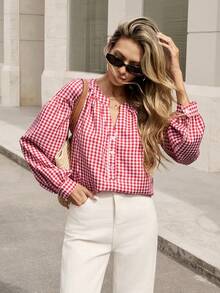 Pariaura Áo sơ mi nữ thanh lịch màu đỏ kẻ caro cổ chữ V tay phồng. Áo kiểu nữ thanh lịch, đa năng, thời trang, phù hợp cho đi làm, ở nhà, dự tiệc, du lịch, dạo phố, năm mới và Giáng sinh. - Đỏ - Xem 6
