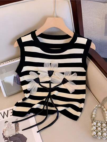 Resyla Chaleco de punto con cuello redondo, decoración floral y rayas, de estilo casual para mujer