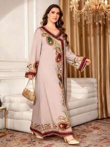 SHEIN Najma 大码女式腰果花几何仿刺绣印花V领长袖优雅阿拉伯风长连衣裙，春夏款 - 彩色 - 查看 3