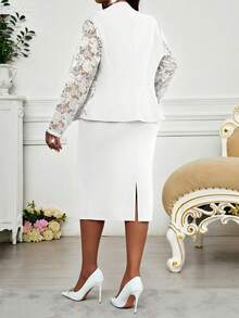 SHEIN Lady Bộ 2 món dành cho nữ gồm váy ôm sát in họa tiết hình học và áo khoác tay phồng ngắn màu trơn, bộ đồ mùa hè, áo blazer ren và chân váy, bộ đồ hai mảnh dành cho nữ công sở, bộ đồ công sở thường ngày, bộ đồ mùa xuân hè thanh lịch, màu vàng sang trọng, cổ điển, thích hợp cho công việc, đám cưới, tiệc cưới, lễ tình nhân, tiệc năm mới, trang phục công sở thường ngày dành cho nữ, trang phục công sở mùa thu đông. - trắng - Xem 2