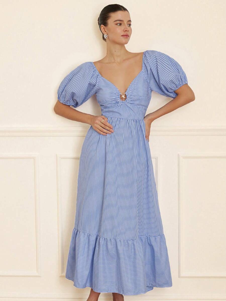 BELROSIE V-Neck Striped Hollow Metallic Star Decor Puff Sleeve Waist Cinched Flared Short Sleeve Dress - Blue and White - View 1