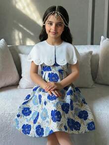 SHEIN Đầm midi cổ bẻ thanh lịch dành cho bé gái tuổi teen với họa tiết hoa 3D. - Màu xanh lam - Xem 4