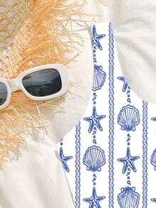 SHEIN 少女连体泳衣,可爱蓝色贝壳和海星条纹针织面料无袖连体裤,时尚优雅休闲,适合游泳、夏季度假、海滩、泳池、节日派对等场合。 - 白色 - 查看 5