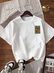 INAWLY 女士休闲日常通勤度假条纹字母印花宽松落肩T恤，夏季 - 白色 - 查看 2