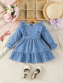 女婴牛仔连衣裙，新款上市，甜美可爱的蝴蝶印花水洗牛仔连衣裙，适合日常外出、度假、派对穿着。 - 淺色水洗藍 - 查看 4
