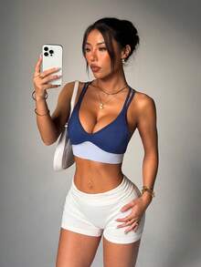 Seamluxe SHEIN Sport Sujetador deportivo de uso diario para mujer con espalda cruzada de color contrastante - Azul Marino - Ver 7