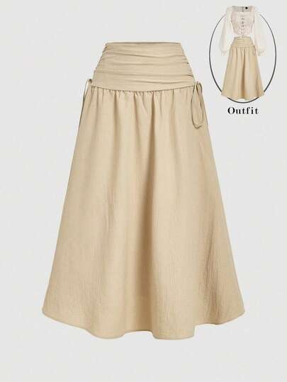 SHEIN MOD 女士复古英伦风卡其色蝴蝶结中长裙，情人节，女士情人节服装，狂欢节，70年代，复古，休闲裙，抽绳裙，卡其色裙子