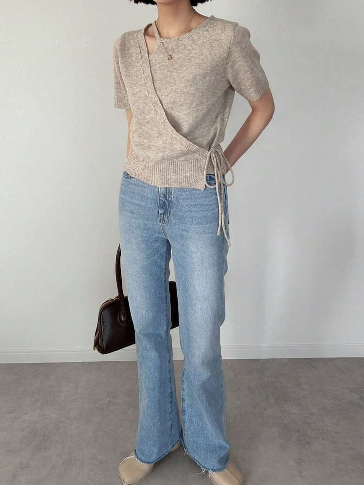 FRIFUL Women's Solid Color Asymmetric Neckline Hollow Hem Side Tie Waist Fitted Casual Versatile Knit Top - Apricot - View 2