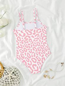 小女孩可爱粉色豹纹连体泳衣，带可调节肩带 - 粉色 - 查看 2