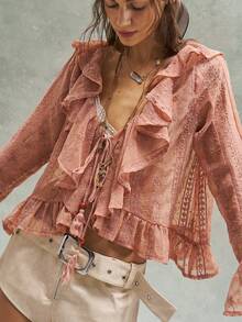 Bohemela Women's Casual Solid Color Woven Patchwork Lace V-Neck Ruffle Hem Blouse - Dusty Pink - View 5