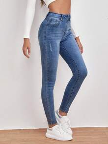 EMERY ROSE سراويل جينز نسائية ذات خصر عالي وجيوب، جينز نحيف وعملي متعدد الاستخدامات - أزرق متوسط - مشاهدة 3