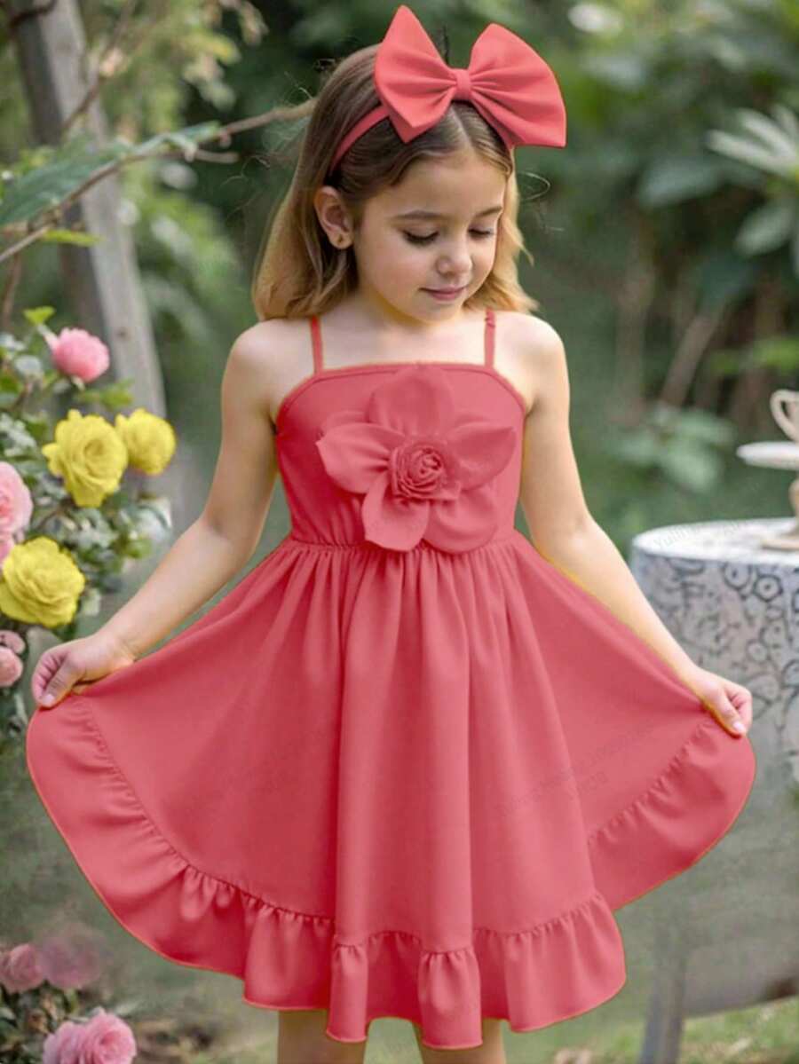Elladie kids 少女夏季可愛珊瑚粉花朵女童洋裝,優雅韓風度假風花卉裝飾收腰荷葉邊細肩帶派對吊帶洋裝 - 玫紅色 - 查看 1