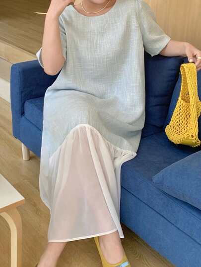 Dazy Plus Colorblock Chiffon Loose Straight Midi Dress With Round Neck, Elegant For Spring/Summer