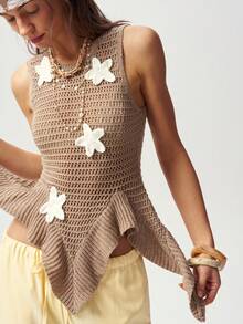 Bohemela Casual Asymmetric Hem Sleeveless Starfish Decor Knit Top, Summer - Khaki - View 2