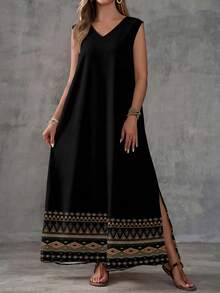 EMERY ROSE Sukienka damska bez rękawów z geometrycznym nadrukiem, swobodna, wiosenna, na wakacje, na co dzień - Czarne - Zobacz 3