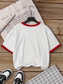 SHEIN GraphicGems 少女樱桃印花撞色滚边圆领短袖上衣，休闲舒适，时尚设计，适合户外、运动、摄影、居家、学校、节日等场合，也是馈赠佳品。 - 彩色 - 查看 4