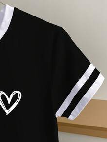 Resyla Camiseta de manga corta con cuello redondo, estampado de corazón y ribete de contraste, para talla grande y uso casual en verano - Blanco - Ver 4