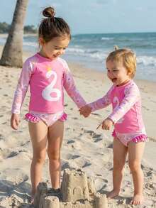 Baby Girl 2pcs Swimsuit Set, Printed Top And Printed Bottoms, Exposed Seam, Separate Pieces - Multicolor - View 7