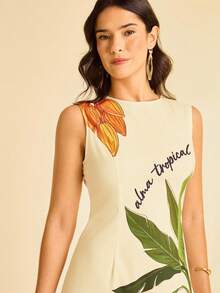 CAJUNI 女式杏色椰子树、鹦鹉和热带水果印花圆领无袖修身褶饰印花夏季度假海滩迷你连衣裙 - 黃色 - 查看 6