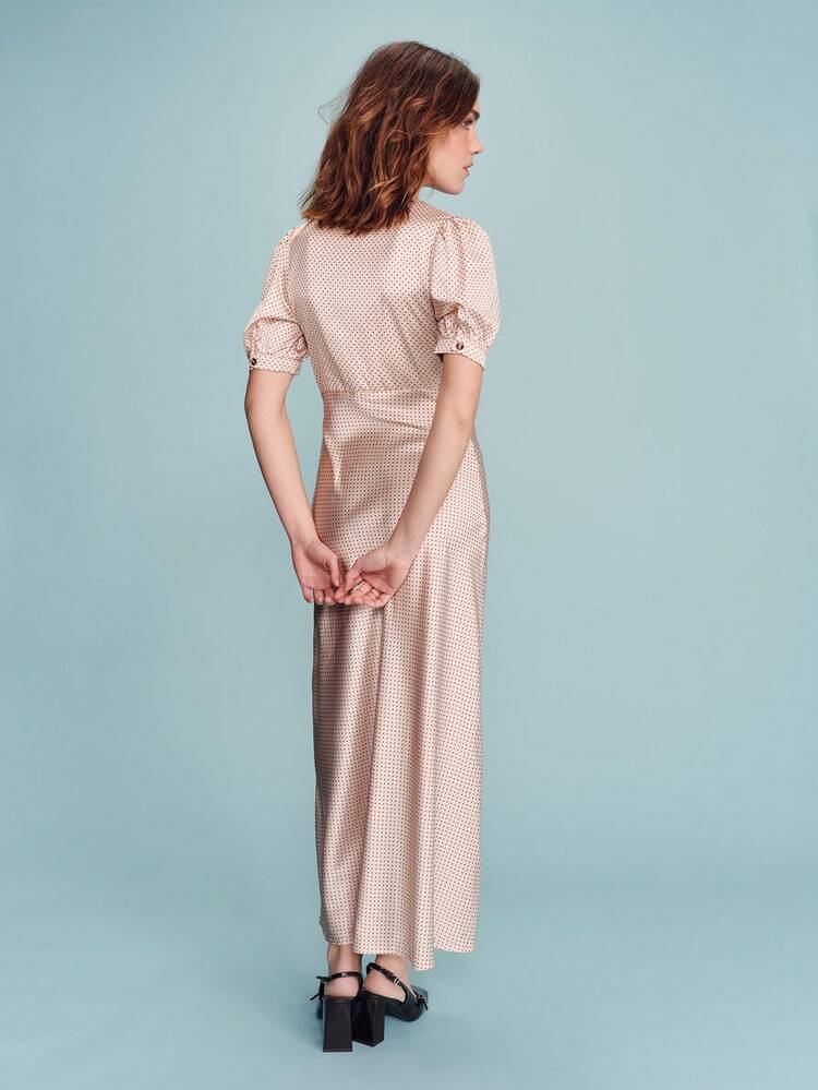 Ecru And Brown Polka Dot V-Neck Maxi Dress With Puff Sleeves Vintage Spring Summer French Style Parisian Style Date Night Dress Satin Midi Dress Silky Dress Women French Style Dress