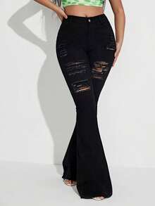 SHEIN SXY Ripped Flare Leg Jeans - Black - View 6
