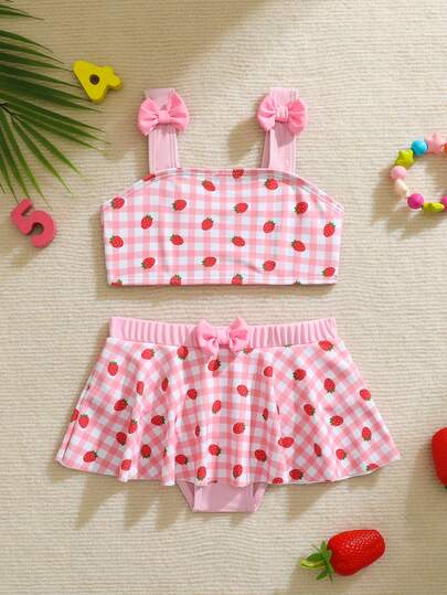 Baby Girls2piece,Knit Fabric,Plaid Print Strap Style Bowtops And Triangle Bottom,Tankinis Sets Beachwear,Travel,Relax,Sunbathing,Water-Resistant,Sun,Summer,Anti-Uv,Sun Protection,Swim,Beach,Sea,Holiday,Vacationsummer Bikini Set For Toddler Girl Baby Girl Beach Wear 2 Year Old Girl Swimwear Toddler Girl Skirted Swimwear Toddler Girl Swimsuit Strawberry Bathing Suit For Baby Baby Girl Two Piece Swimming Clothes Baby Skirt Set Baby Swimsuit Girl 3 Piece Set Strawberry Baby Outfit