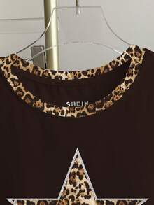 Resyla Women's Casual Daily Commute Fashion Street Leopard Print & Star Pattern Ringer Short Sleeve T-Shirt, Summer - Black - View 3