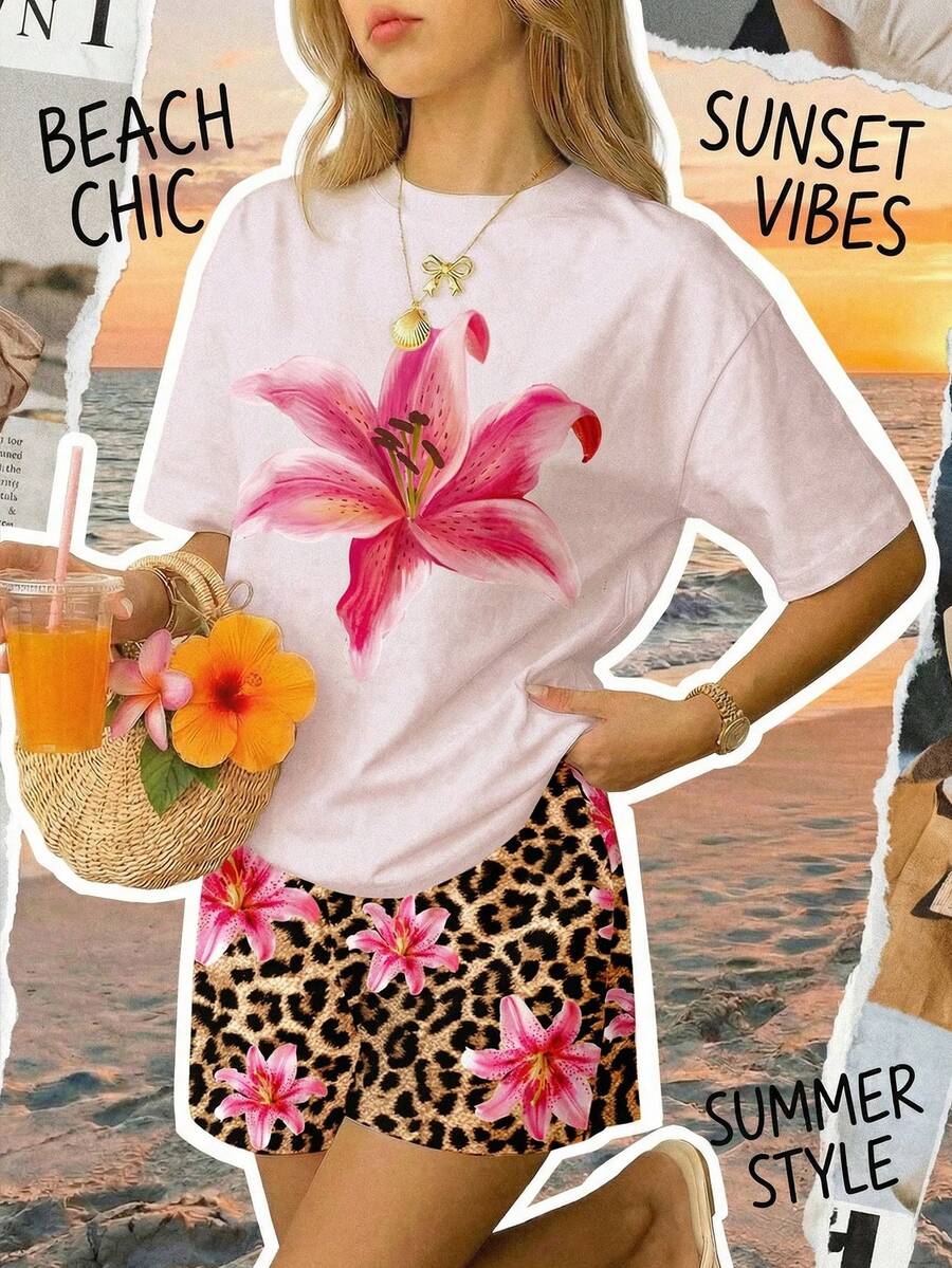 2pcs/Set Teen Girl Floral Print Loose Crew Neck Short Sleeve T-Shirt And Leopard Print Loose Shorts, Suitable For Spring/Summer - Multicolor - View 1