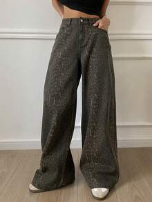 Livesso 女士破洞阔腿牛仔裤，西部风格 - 棕色 - 查看 3