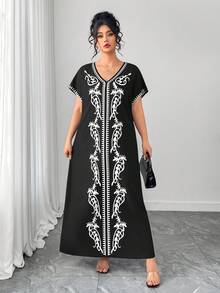 Elenzga Plus Size Women Floral Print Dress, Casual & Versatile For Dating, Daily Wear, Romantic Style, Spring/Summer - Black and White - View 5