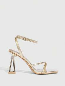 CUCCOO SZL Women's Square Toe Metal Asymmetric High Heel Sandals, Gold Thin Strap Ankle Strap, Fashion Sexy Party Nightclub High Heel Open Toe Strap Heeled Sandals Valentine's Day - Gold - View 2