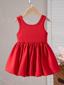 SHEIN Playful Pals 女婴夏季新款黑色吊带背心，法式甜美性感束腰蝴蝶结装饰蓬蓬裙复古公主裙 - 紅色 - 查看 3