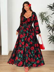 Vionelle Plus Size Elegant Rose Flower Print Sweetheart Neck Lantern Sleeve Dress, Autumn - Black - View 3