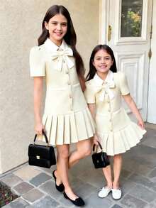 Tween Girl Casual Elegant Bow Decor Short Sleeve Pleated Hem Dress, Suitable For Spring/Summer - Apricot - View 4