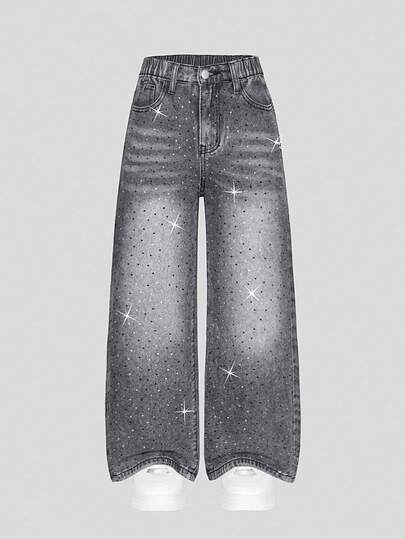 Jeans de mezclilla gris para adolescentes, estilo de moda casual escolar, decoración con rhinestones, pierna ancha y suelta, cómodo y suave, adecuado para el campus, actividades al aire libre, primavera/verano