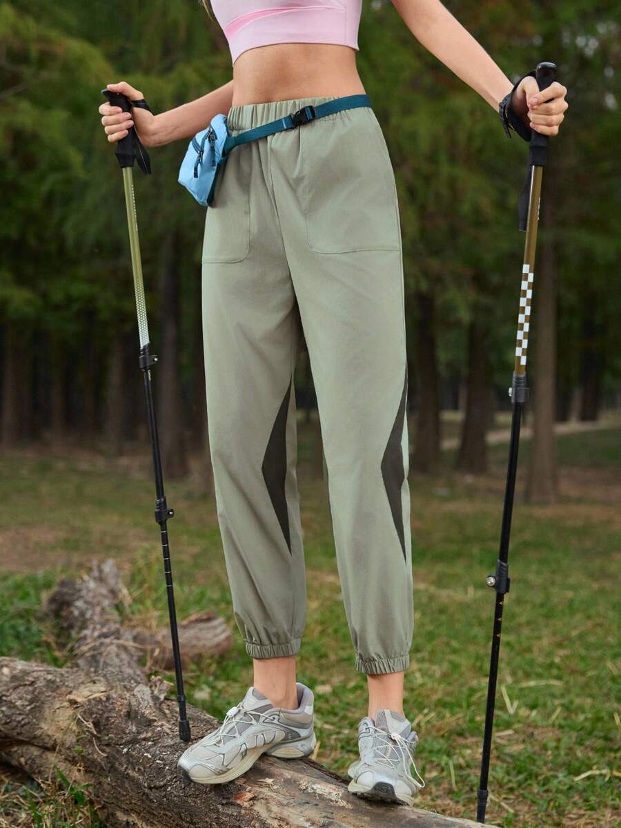 SHEIN Sports 女士弹力腰带休闲百搭日常运动户外运动裤 - 橄欖綠 - 查看 1