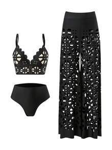 Bonvoyette 3pcs/Set Summer New Women's Swimsuit Strappy Solid Top, High Waisted Shorts, Hollow Out Long Beach Cover Up, Fashion Resort Bikini Set - Black - View 3