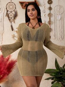 Swim Vcay Sexy New Backless Tie-Up Beach Resort Long Sleeve Pullover Cover Up - Khaki - View 5