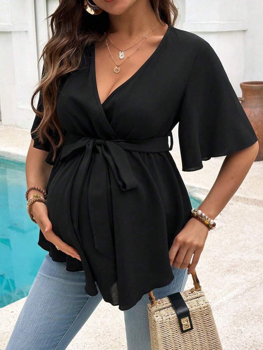SHEIN V-Neck Blouse With Ruffle Trim And Waistband, Maternity Top