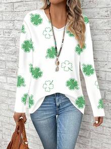 EMERY ROSE Áo thun dài tay cổ chữ V dáng rộng in hình cỏ ba lá xanh lãng mạn, thích hợp cho nữ cỡ lớn, phù hợp mùa xuân và mùa thu, màu trắng, quà tặng ngày Valentine, quà đi nghỉ mát. - Nhiều màu - Xem 3