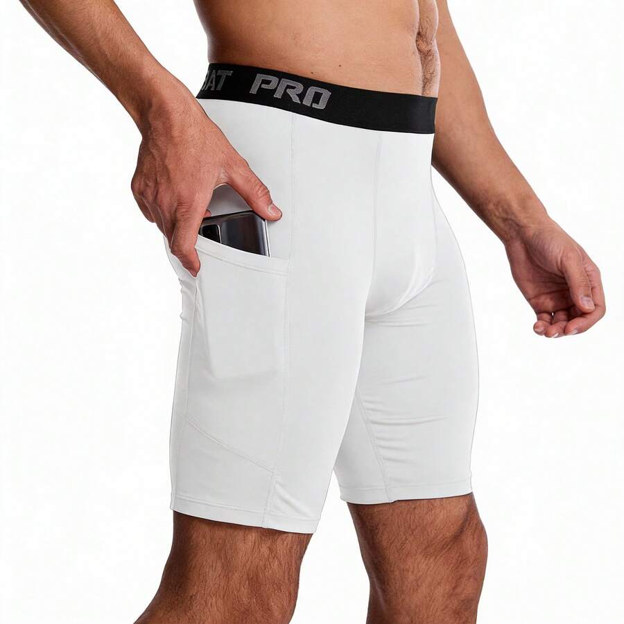 Men's Fitness Boxers With Pockets, Sports Shorts With Long Leg Compression And Fast Drying - White - View 1