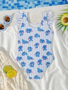 SHEIN Young Girls Cute Ruffled Tropical Floral Print One-Piece Swimsuit, Pink Tie Dye Beach Outfit, Swimwear, Beach Wear - Blue - View 2