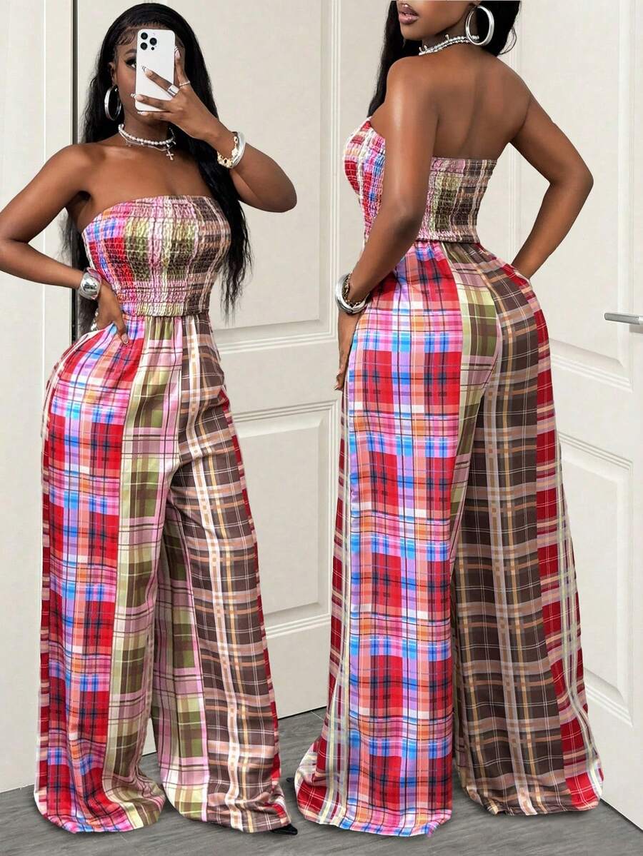 SHEIN BamGlam Quần ống rộng không tay, lưng thun, quần liền thân in họa tiết caro nhiều màu, quần ống rộng, và quần âu, thời trang và gợi cảm - Nhiều màu - Xem 1