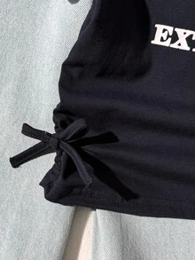 SHEIN 青少年女孩休閒街頭風露肩短袖側抽褶字母英文New York標語印花修身針織T恤 - 藏蓝色 - 查看 3