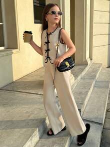 Teen Girl Bow Decor Sleeveless Shirt And Wide Leg Pants Casual Outfit