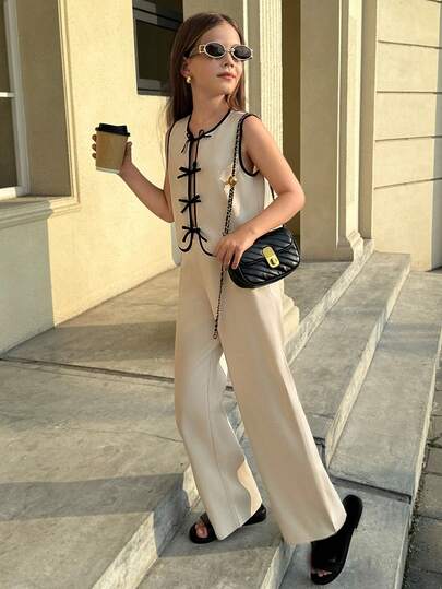 Teen Girl Bow Decor Sleeveless Shirt And Wide Leg Pants Casual Outfit
