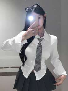 Joudiya Ladies' Simple Solid Color Daily Long Sleeve Shirt,Long Sleeve Tops,Fall Clothes - White - View 3