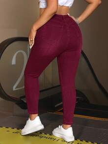 SHEIN ICON Plus Size Women High Waist Pockets Skinny Casual Versatile Jeans - Burgundy - View 2