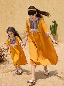 SHEIN Tween Girl Polyester Yellow Modest Midi Dress A Line Long Regular Sleeve Square Neck Geometric Pattern Zipper Casual,Kids - Yellow - View 7
